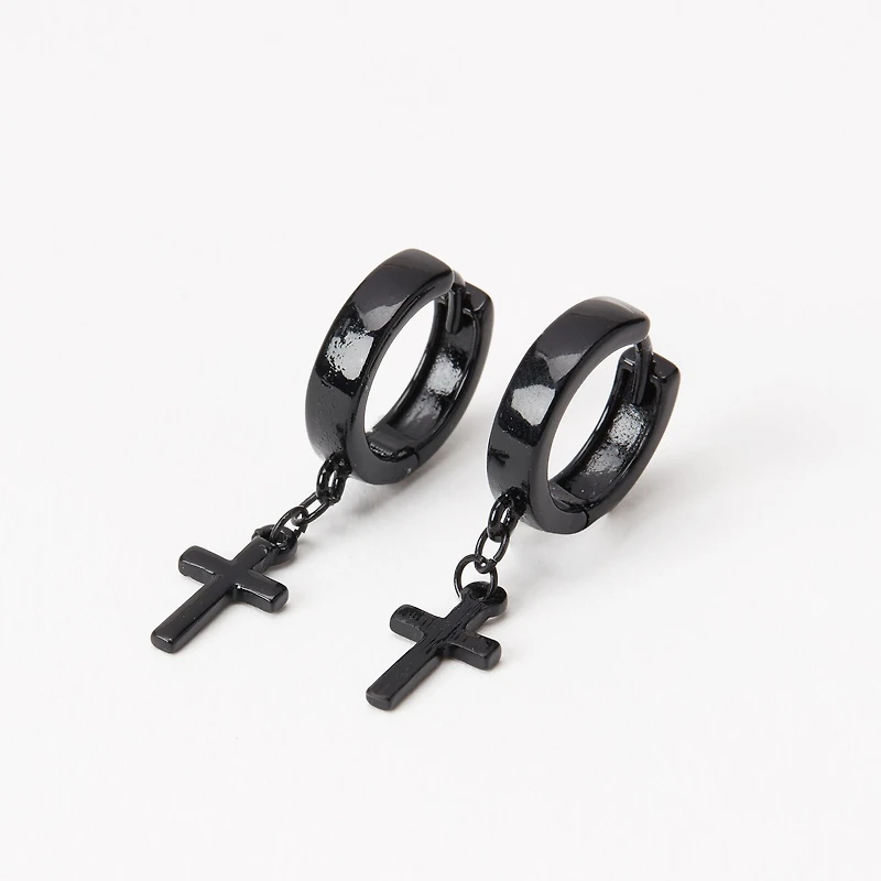 Black Cross 15mm Huggie Hoop Earrings