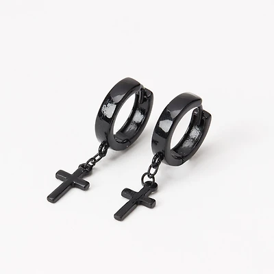 Black Cross 15mm Huggie Hoop Earrings