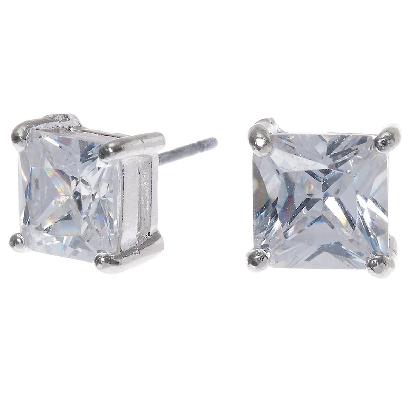 Silver-tone Cubic Zirconia 7mm Square Stud Earrings