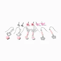 Pink Beaded Flower Earrings Set - 6 Pack 