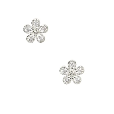 Silver-tone Cubic Zirconia Mini Flower Stud Earrings