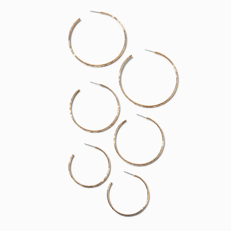 Gold-tone Graduated Hammered Hoop Earrings - 3 Pack