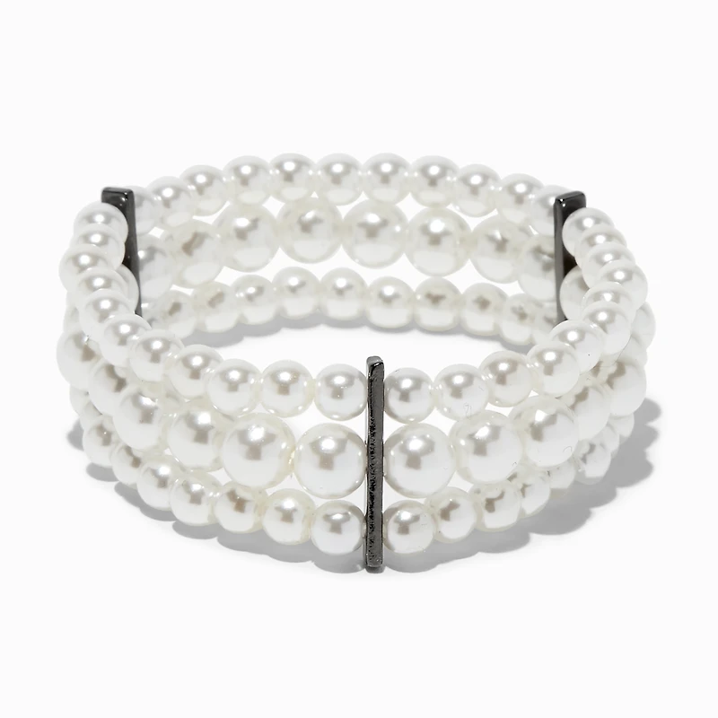 Three-Row Pearl & Hematite Stretch Bracelet