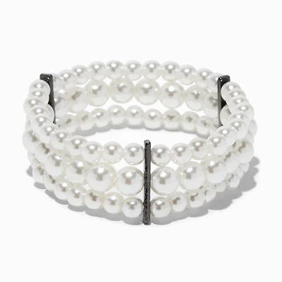 Three-Row Pearl & Hematite Stretch Bracelet
