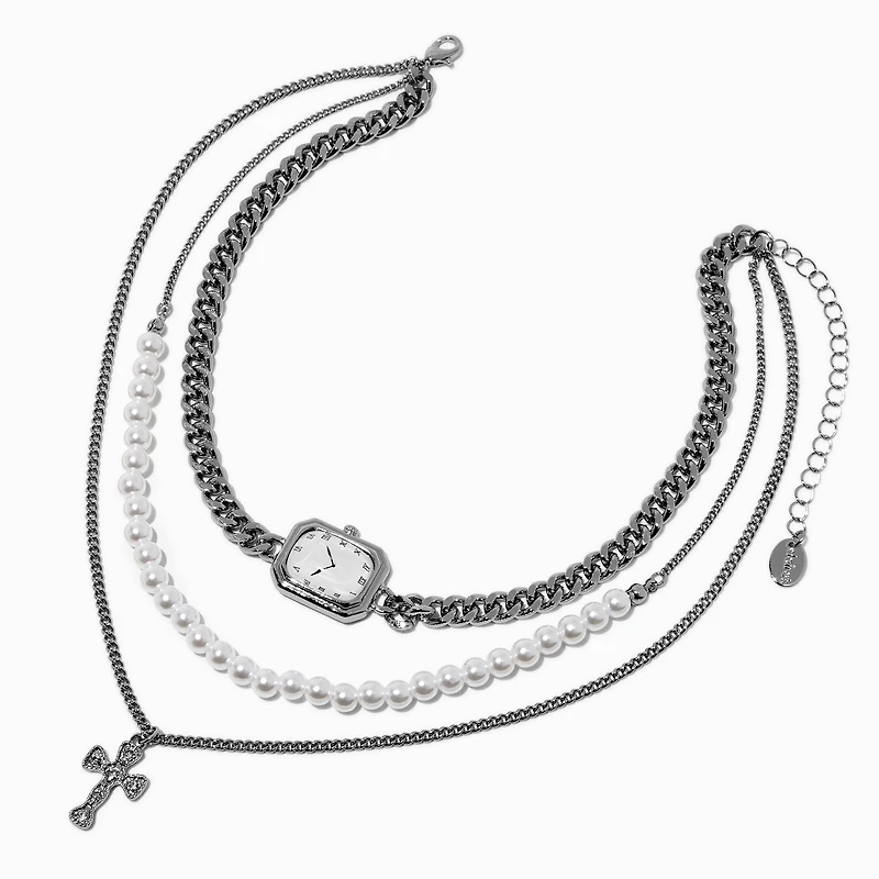 Silver-tone Layered Clock Multi-Strand Necklace