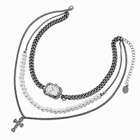 Silver-tone Layered Clock Multi-Strand Necklace