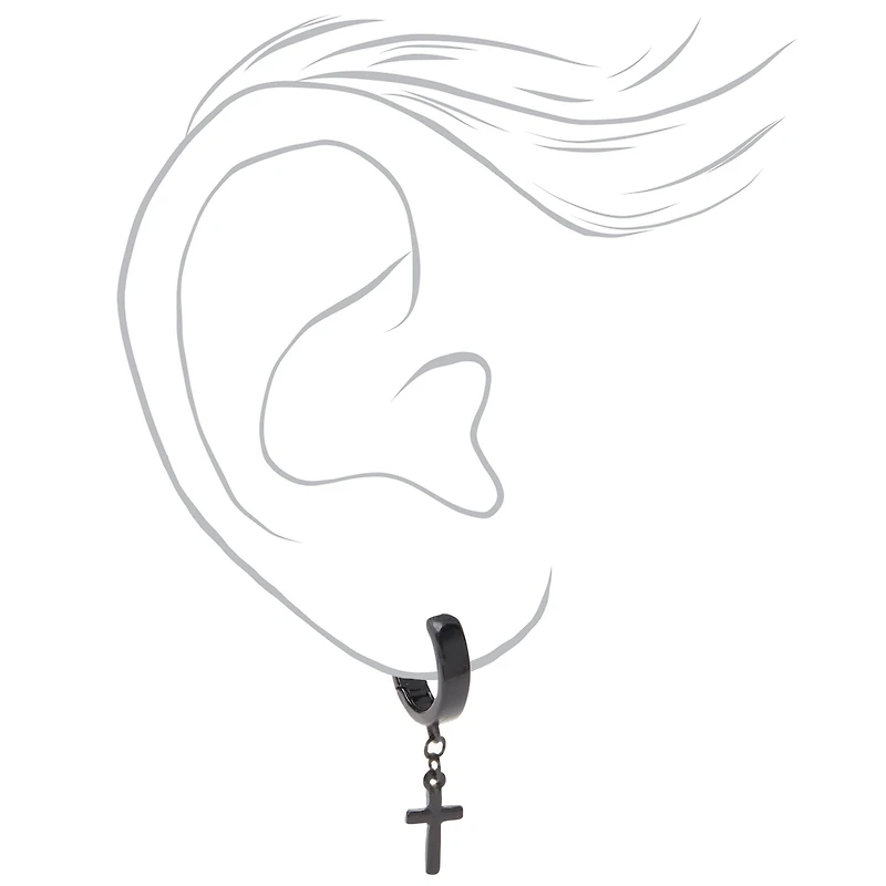 Black Cross 15mm Huggie Hoop Earrings