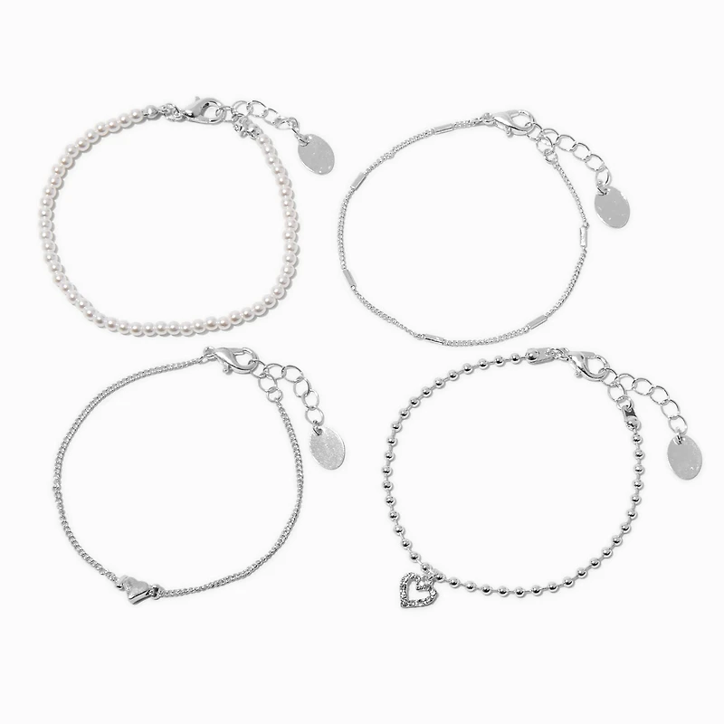 Silver-tone Heart & Pearl Chain Bracelets - 4 Pack 