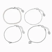 Silver-tone Heart & Pearl Chain Bracelets - 4 Pack 
