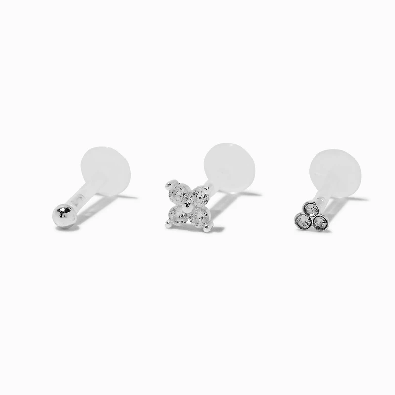 Sterling Silver Ball, Clover, & Trio Crystal 16G Threadless Flat Back Helix Earring - 3 Pack