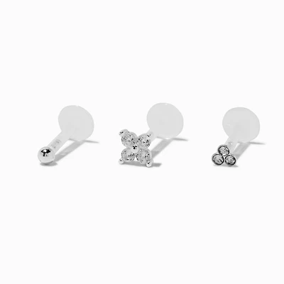 Sterling Silver Ball, Clover, & Trio Crystal 16G Threadless Flat Back Helix Earring - 3 Pack