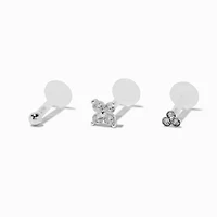Sterling Silver Ball, Clover, & Trio Crystal 16G Threadless Flat Back Helix Earring - 3 Pack