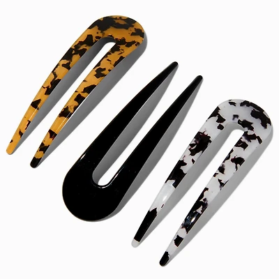 Black & Tortoiseshell U-Shaped Hair Pins - 3 Pack