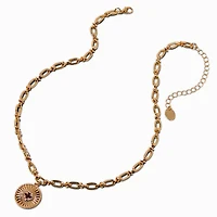 Gold-tone Medallion & Burgundy Stone Chainlink Pendant Necklace