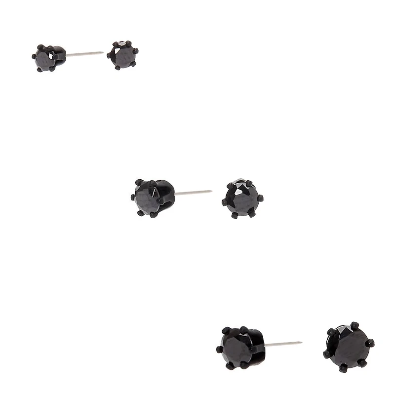 Black Cubic Zirconia 3mm, 4mm, & 5mm Round Stud Earrings - 3 Pack 