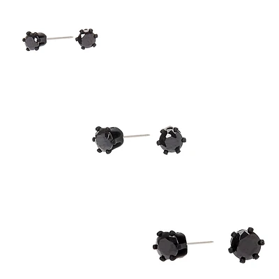 Black Cubic Zirconia 3mm, 4mm, & 5mm Round Stud Earrings - 3 Pack 
