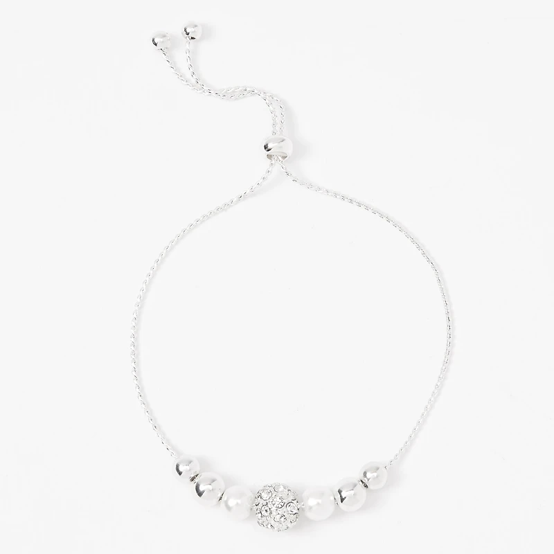 Silver-tone Crystal Fireball & Pearl Bolo Bracelet