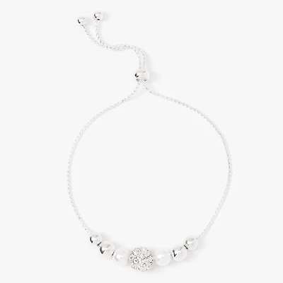 Silver-tone Crystal Fireball & Pearl Bolo Bracelet