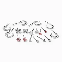Pink Flower Mixed Silver-tone Stud Earrings - 9 Pack