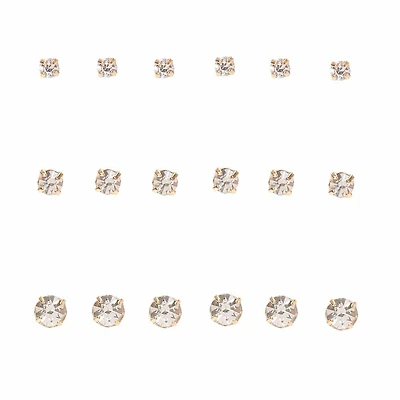 Gold-tone Graduated Crystal Stud Earrings - 9 Pack