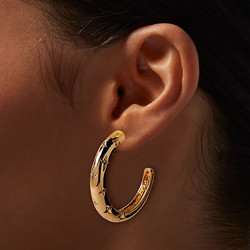 Gold-tone Star Stamped 50mm Hoop Earrings