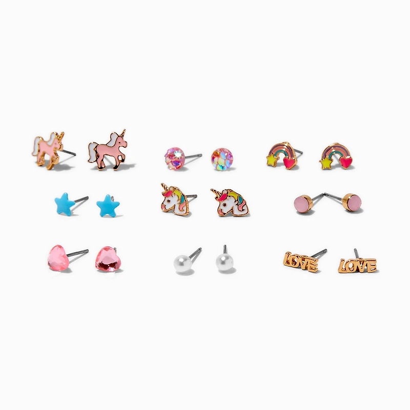 Pink Unicorn Stud Earrings - 9 Pack