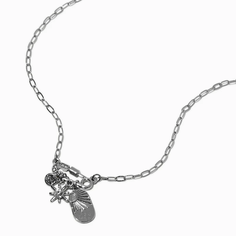 Silver-tone Cubic Zirconia Safety Pink Charm Pendant Necklace