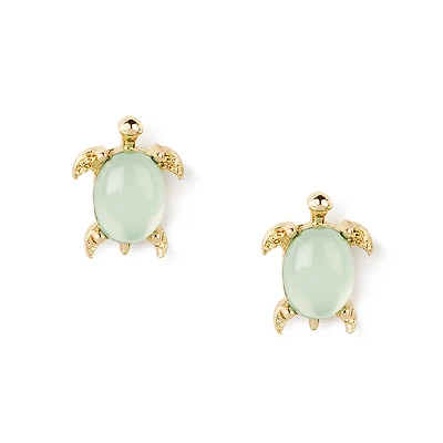 Gold-tone Turtle Mint Crystal Shell Stud Earrings