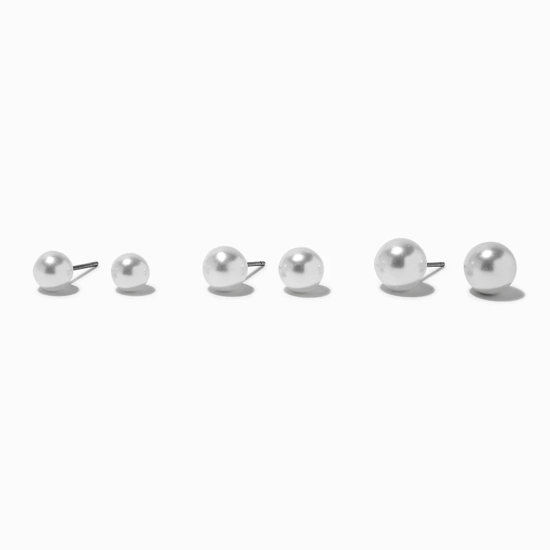 Small White Pearl Stud Earrings - 3 Pack
