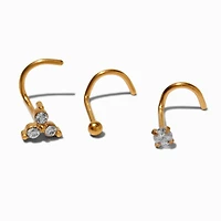 20G Gold-tone Titanium Cubic Zirconia Geometric Nose Studs - 3 Pack 