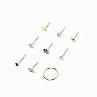 22G Gold-tone Sterling Silver Flower Nose Studs & Hoop - 9 Pack