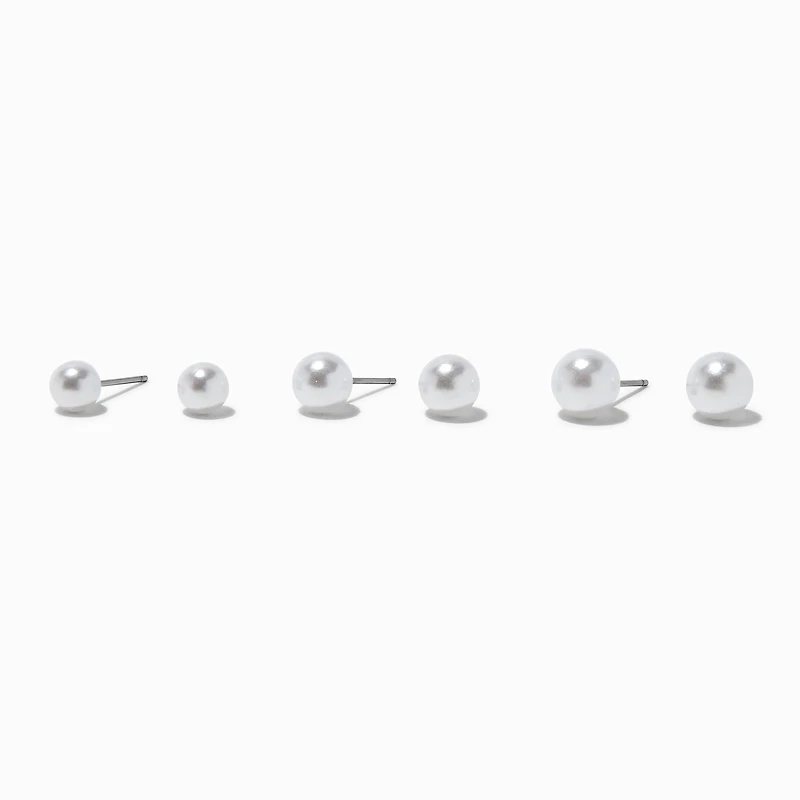 Graduated Pearl 6mm, 7mm, 8mm Stud Earrings - 3 Pack