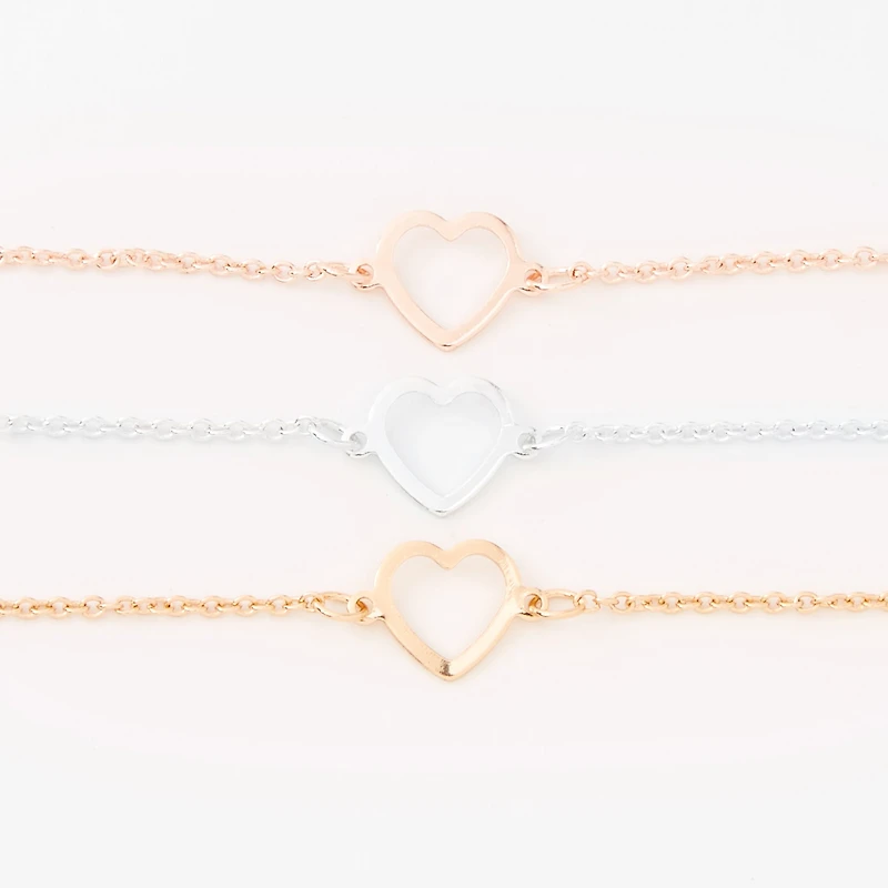 Mixed Metal Heart Cutout Chain Bracelets - 3 Pack