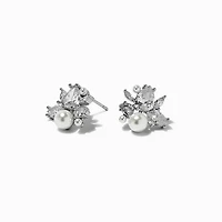 Silver-tone Pearl & Cubic Zirconia Cluster Stud Earrings 