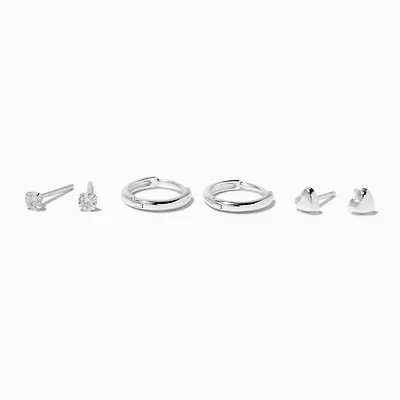 C LUXE by Claire's Sterling Silver Cubic Zirconia 2mm Round Stud, Hearts & 8mm Clicker Hoop Earrings - 3 Pack 