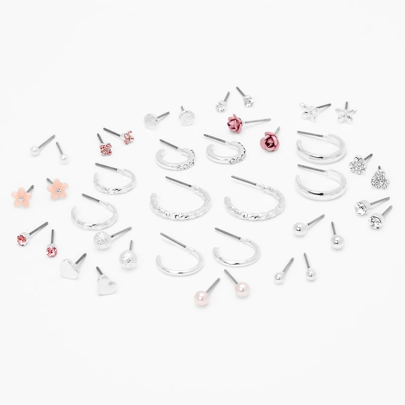 Silver-tone Pretty Pink Earrings Set - 20 Pack