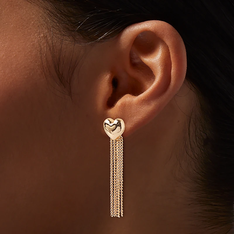 Gold-tone Heart Fringe Drop Earrings