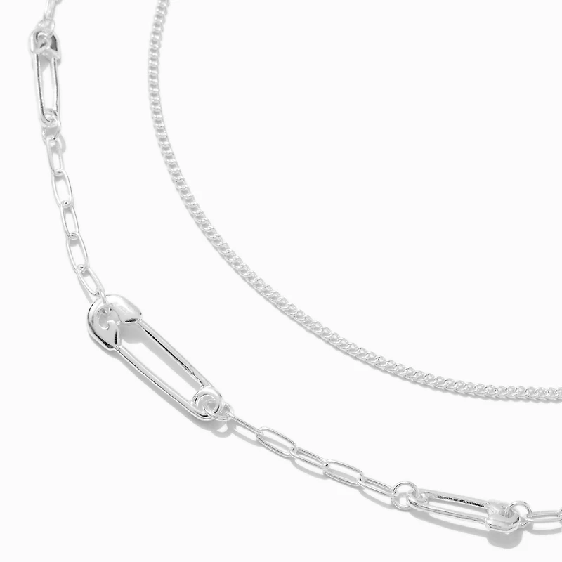 Silver-tone Safety Pin Chain Multi-Strand Necklace