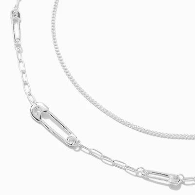 Silver-tone Safety Pin Chain Multi-Strand Necklace