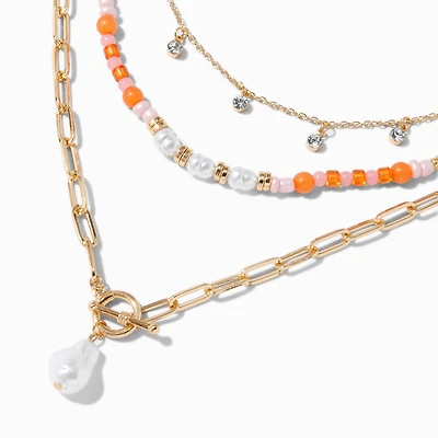 Pearl Toggle Coral Beaded Multi-Strand Necklace