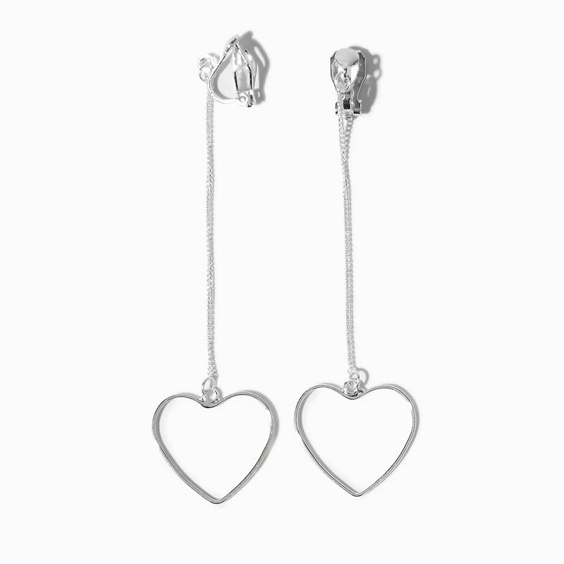 Silver-tone Linear Heart Clip-On Drop Earrings