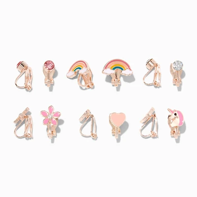 Rose Gold-tone Embellished Rainbow Clip-On Earrings - 6 Pack