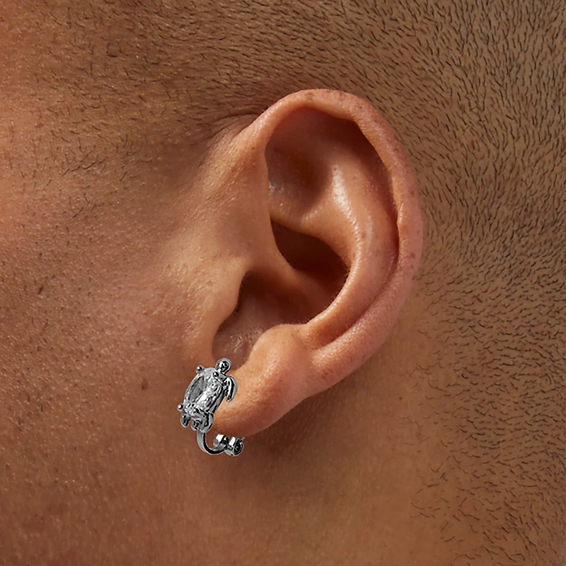 Silver-tone Cubic Zirconia Turtle Clip-On Stud Earrings