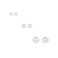 White Pearl 6mm, 7mm, & 8mm Stud Earrings - 3 Pack