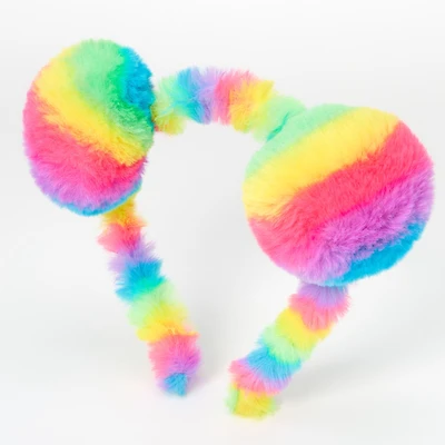 Bright Rainbow Plush Pom Pom Ears Headband