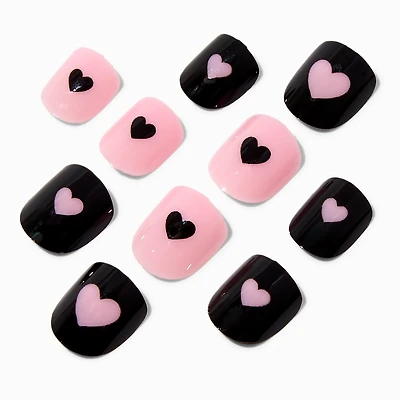Claire's Club Pink & Black Heart Press On Vegan Faux Nail Set - 10 Pack