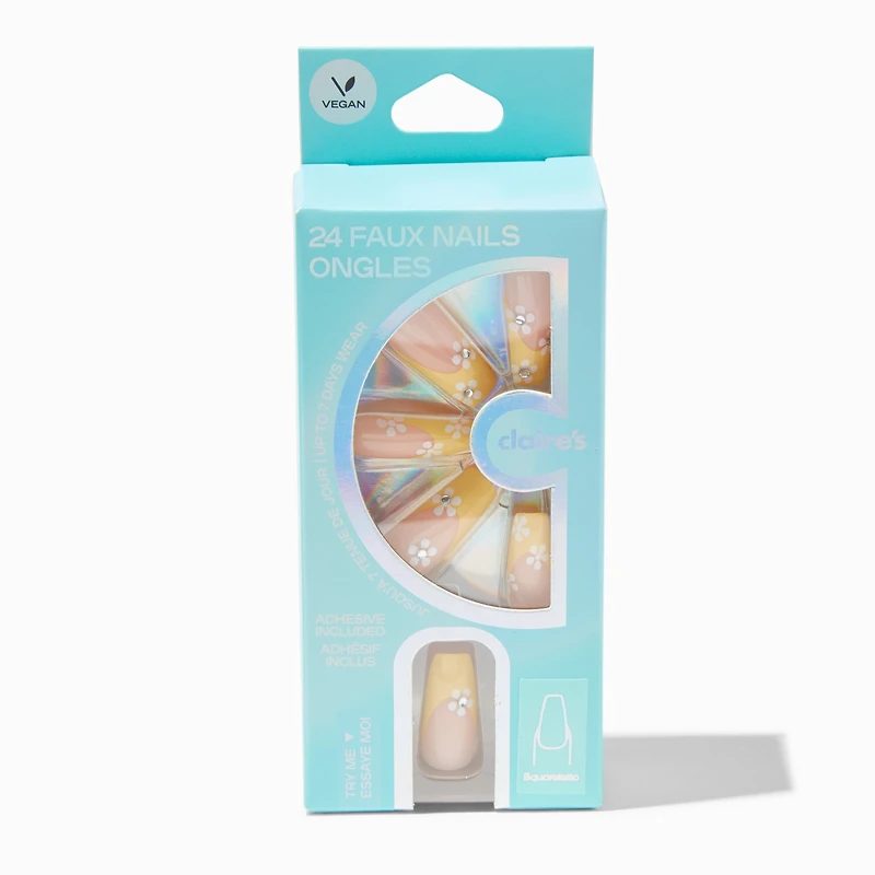 White Daisy Yellow French Tip Squareletto Vegan Faux Nail Set - 24 Pack