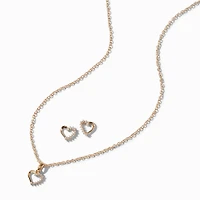 Gold-tone Cubic Zirconia Heart Pendant Necklace & Stud Earrings Set 