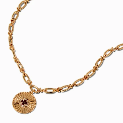 Gold-tone Medallion & Burgundy Stone Chainlink Pendant Necklace