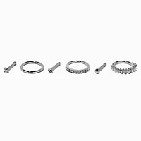 18G Silver-tone Stainless Steel Cubic Zirconia Basic Stud & Hoop Nose Rings - 6 Pack